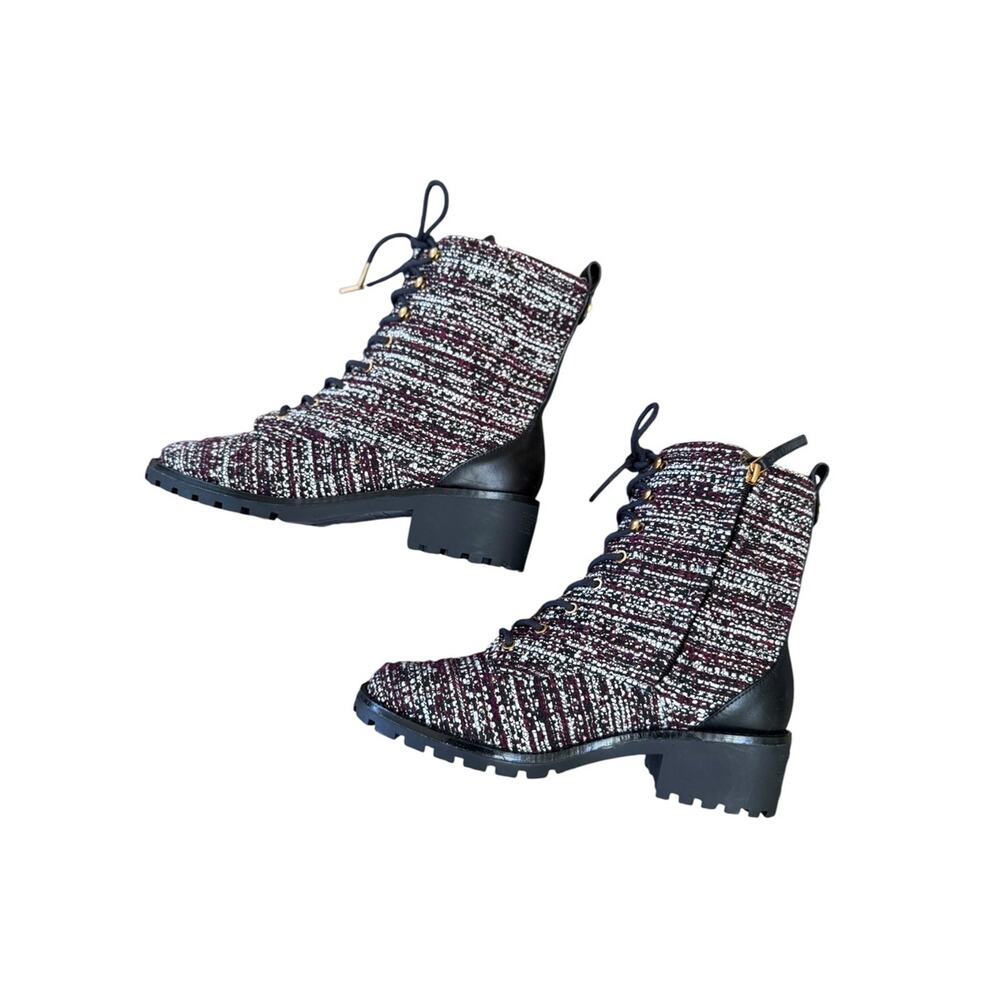 <<Tory Burch Miller Combat Lug Sole Tweed/Leather Booties Burgundy/White -8.5M - Picture 7 of 8